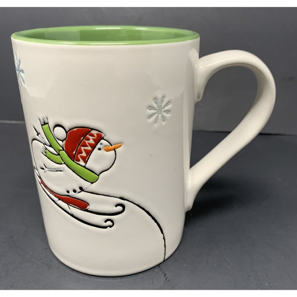 TAG SKIING SNOWMAN HOPE MUG 16 oz Embossed Winter Holiday Xmas Green Interior